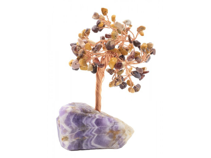 Arbre du Bonheur jaspe mokaïte sur druse d’améthyste, décoration en pierres naturelles pour vitalité