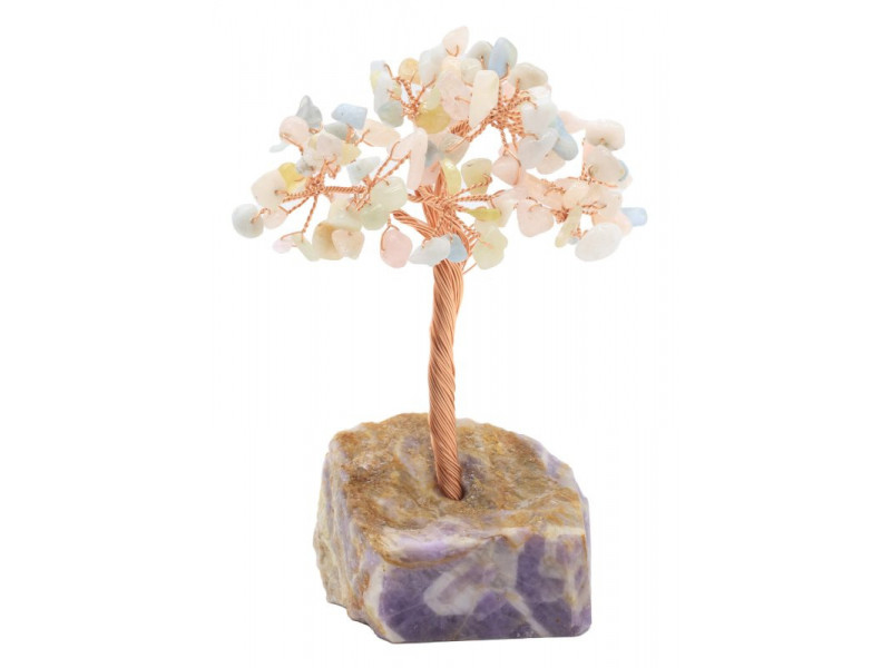 Arbre du Bonheur morganite sur druse d’améthyste, décoration en pierres naturelles pour amour, douceur et harmonie énergétique