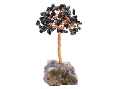 Arbre du Bonheur obsidienne noire sur druse d’améthyste, décoration en pierres naturelles pour protection, équilibre énergétique