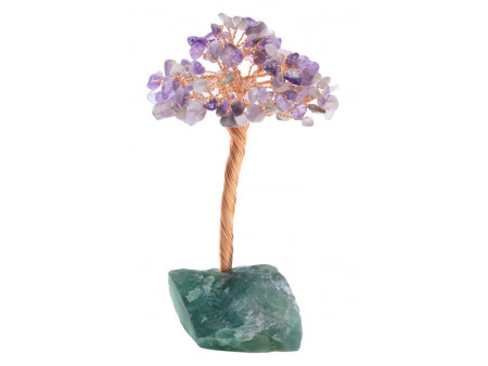 Arbre améthyste verte sur druse de fluorite, décoration en pierres naturelles pour sérénité, équilibre et protection énergétique