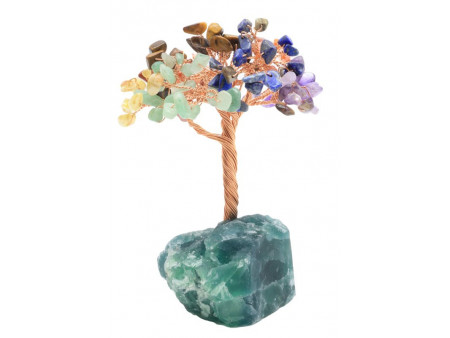 Arbre du Bonheur 7 chakras sur druse de fluorite, décoration en pierres naturelles pour équilibre énergétique