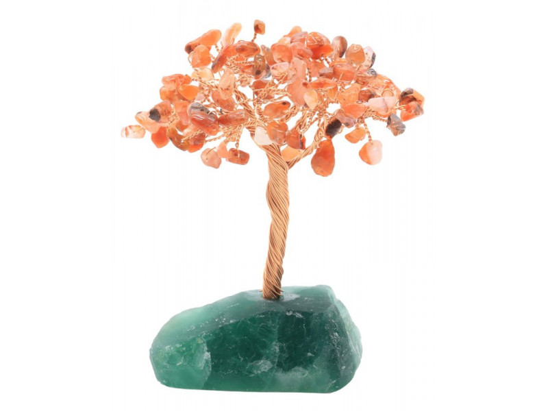Arbre de Bonheur cornaline sur druse de fluorite, décoration en pierres naturelles pour vitalité, créativité  énergétique
