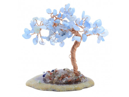 Arbre du Bonheur en aigue-marine sur tranche d’agate – énergie positive et décoration zen