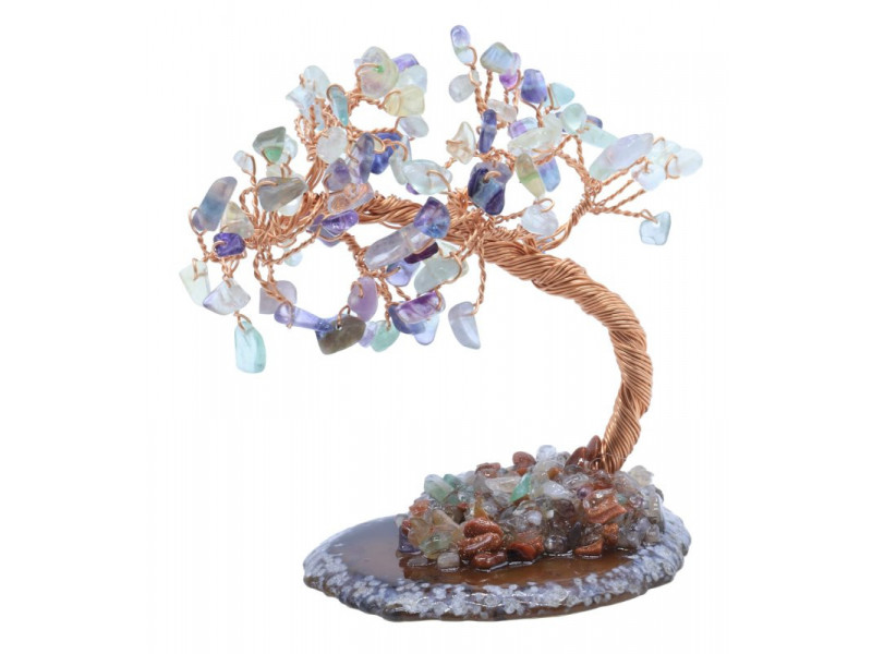 Arbre du Bonheur en Fluorite sur Tranche d’Agate – Pierre naturelle pour clarté, équilibre et sérénité