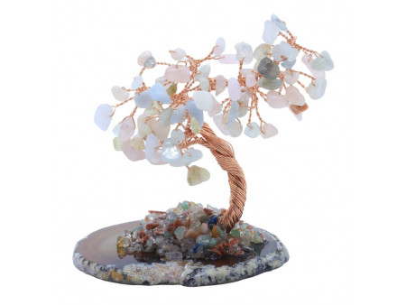 Arbre du Bonheur en Morganite sur Tranche d’Agate – Pierre naturelle pour amour, sérénité et harmonie