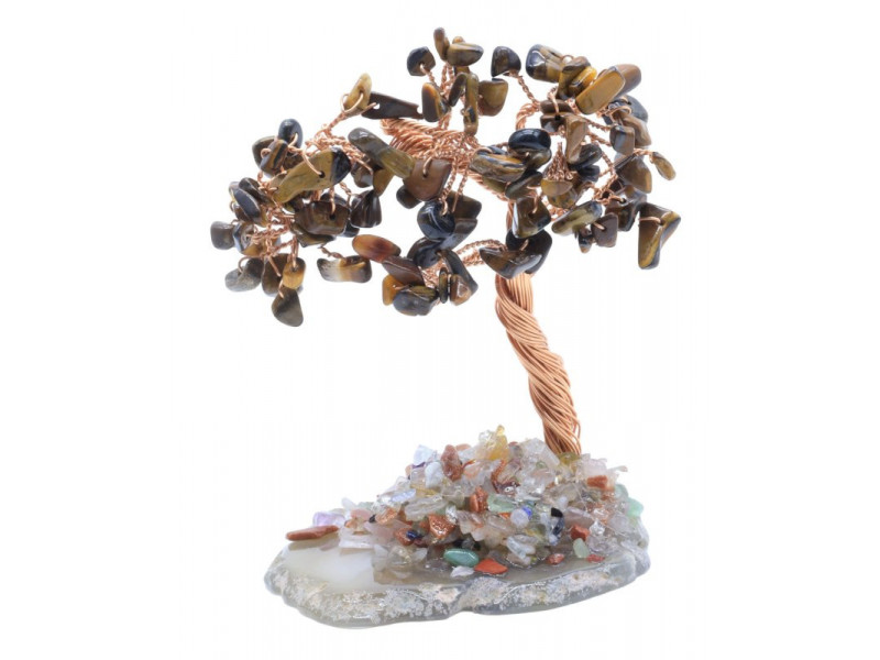 Arbre du Bonheur en Œil‑de‑Tigre sur Tranche d’Agate – Décoration naturelle pour protection, confiance et énergie positive