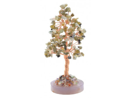 Arbre du Bonheur en Labradorite sur cercle d’Agate – décoration zen en pierres naturelles