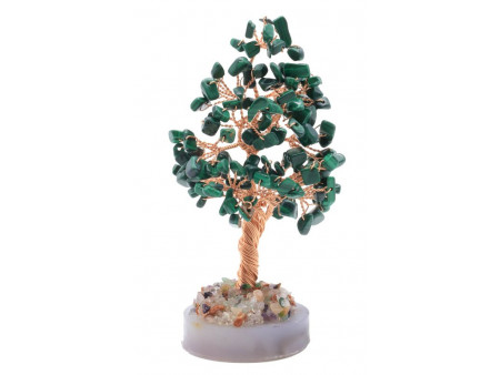 Arbre du Bonheur en Malachite sur cercle d’Agate – décoration zen en pierres naturelles