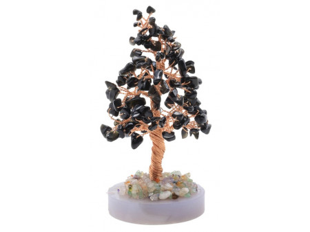 Arbre du Bonheur en Obsidienne sur cercle d’Agate – décoration zen en pierres naturelles
