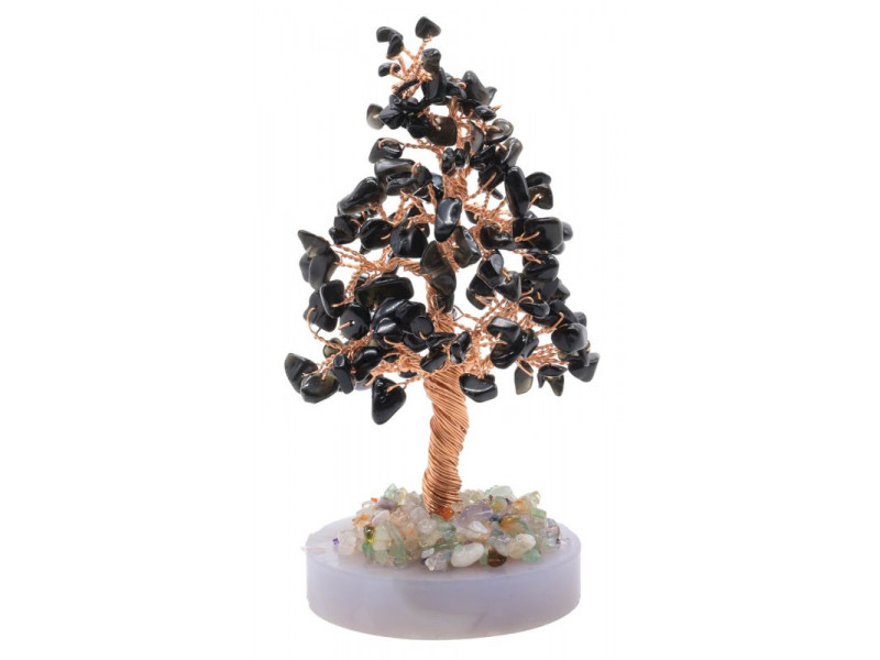 Arbre du Bonheur en Obsidienne sur cercle d’Agate – décoration zen en pierres naturelles