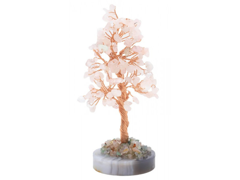 Arbre du Bonheur en Quartz Rose sur cercle d’Agate – décoration zen en pierres naturelles