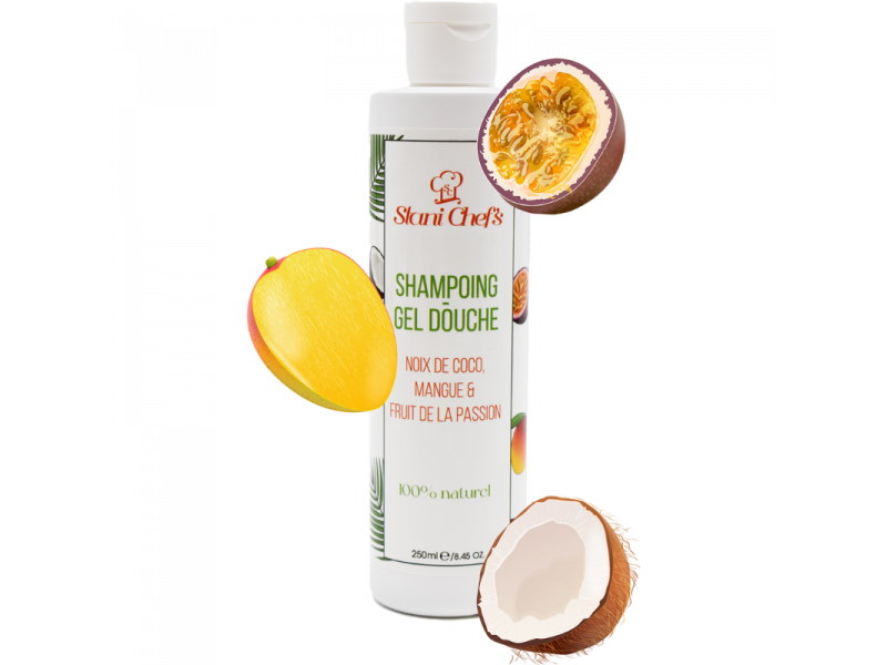 2en 1 Gel douche corps et shampoing à la noix de coco, mangue & fruit de la passion - 250ml 100% naturel Pas Cher