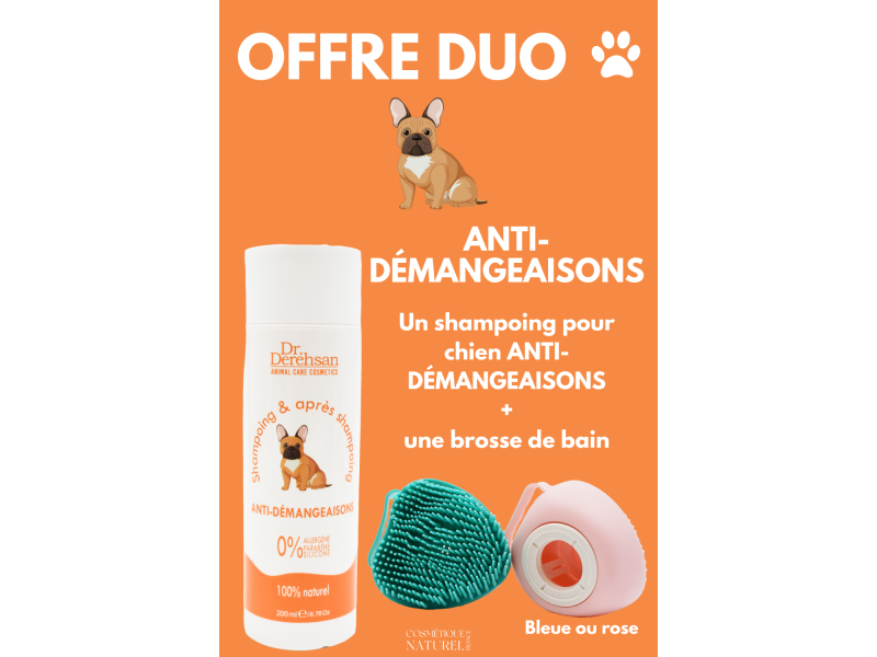 Shampoing chien 200ml + brosse de bain - ANTI-DÉMANGEAISONS Pas Cher
