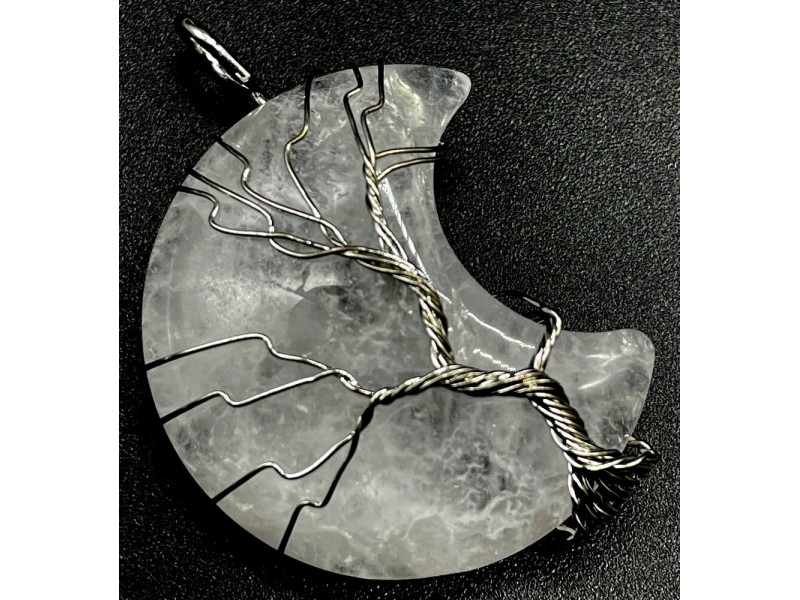 Pendentif Lune Arbre de Vie - Cristal de Roche Pas Cher