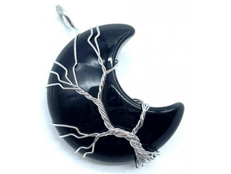 Pendentif Lune Arbre de Vie - Obsidienne Noire Pas Cher