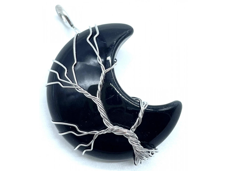 Pendentif Lune Arbre de Vie - Obsidienne Noire Pas Cher