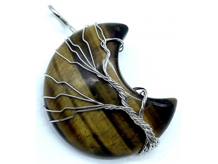 Pendentif Lune Arbre de Vie - Oeil de Tigre Pas Cher