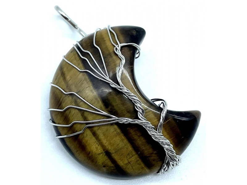 Pendentif Lune Arbre de Vie - Oeil de Tigre Pas Cher