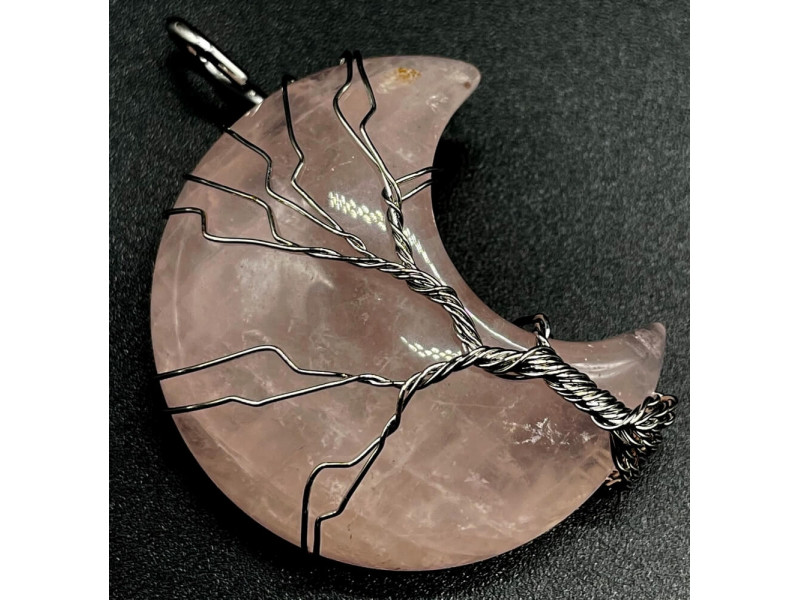 Pendentif Lune Arbre de Vie - Quartz Rose Pas Cher