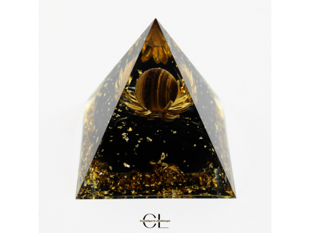 Orgonite pyramide Oeil de Tigre et Obsidienne Noire Lotus