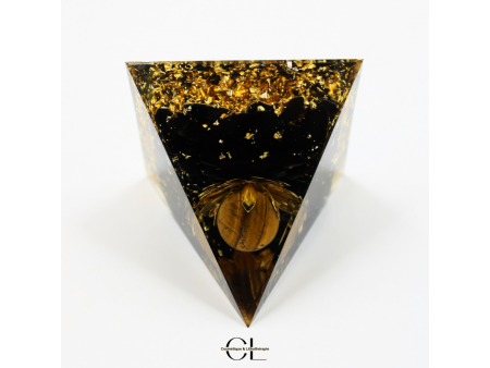 Orgonite pyramide Oeil de Tigre et Obsidienne Noire Lotus