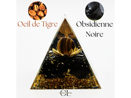 Orgonite pyramide Œil‑de‑Tigre & Obsidienne Noire – Lotus pour pureté, protection et renouveau spirituel