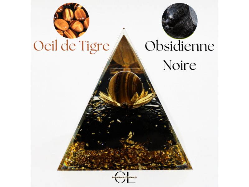 Orgonite pyramide Œil‑de‑Tigre & Obsidienne Noire – Lotus pour pureté, protection et renouveau spirituel