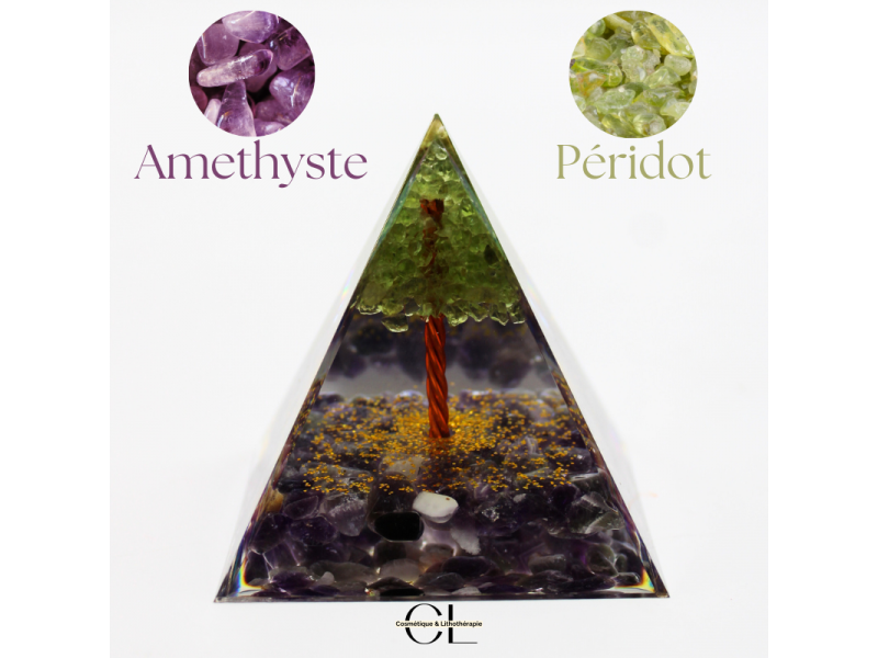 Orgonite pyramide Amethyste et Péridot Arbre de Vie Pas Cher