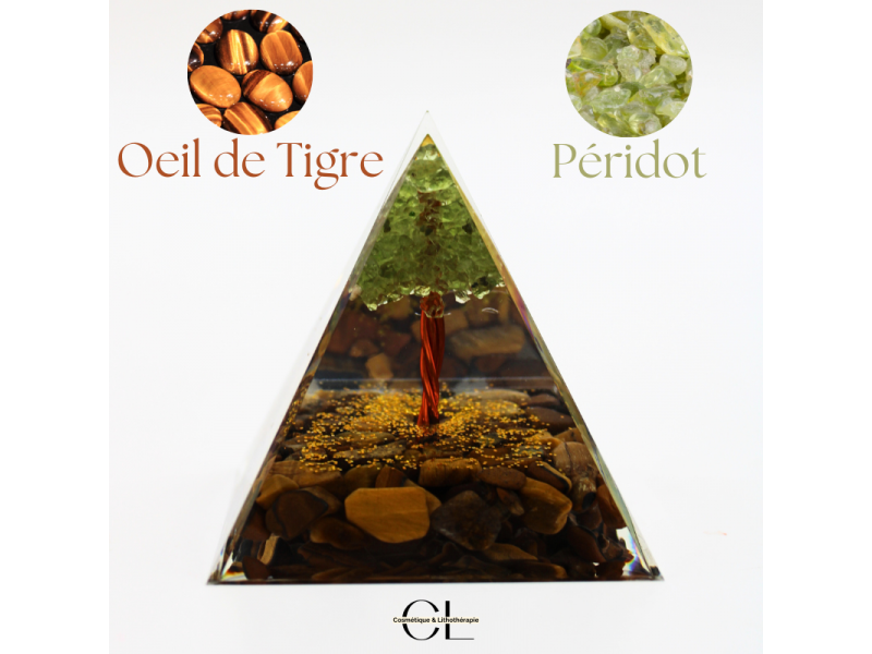 Orgonite pyramide Œil‑de‑Tigre & Péridot Arbre de Vie – Protection, énergie positive et harmonie