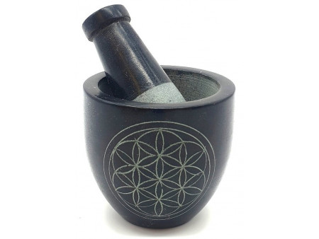 Mortier Pierre Saponite Noir Fleur de Vie 8cm pas cher