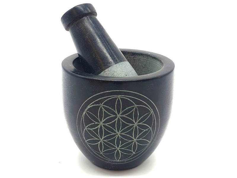 Mortier Pierre Saponite Noir Fleur de Vie 8cm pas cher